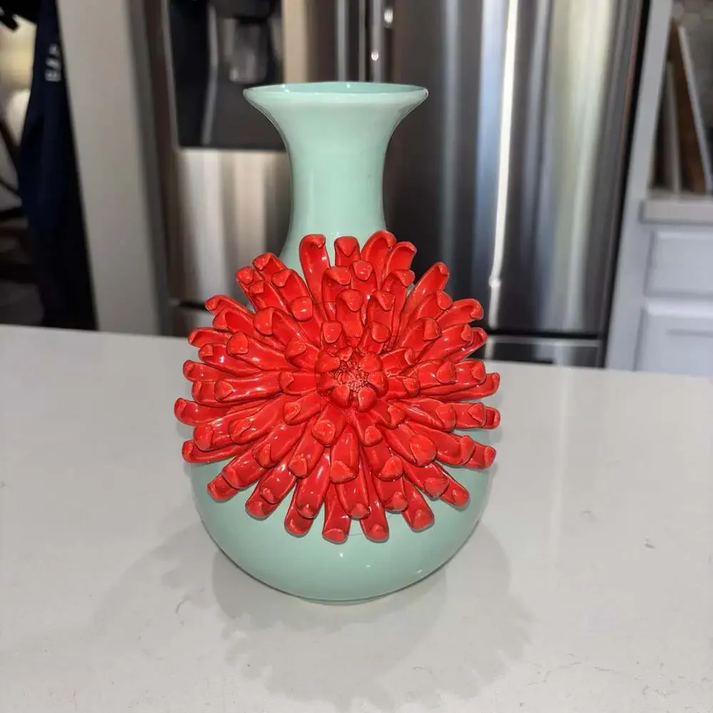 Anthropologie Celadon Blue Ceramic Vase with 3D Red Chrysanthemum Flower